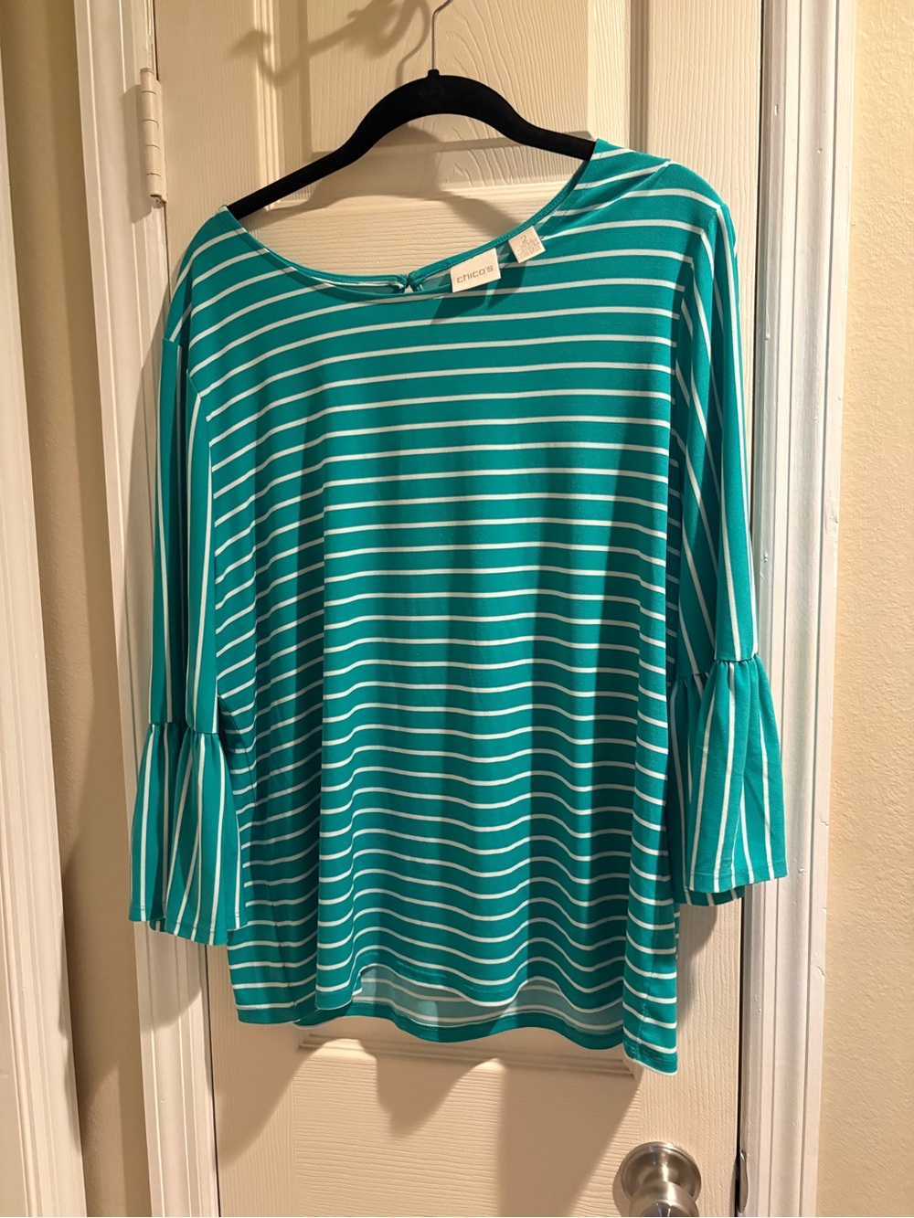 Chico's 3/4 Green and White Striped Flutter Sleeve Blouse Size 2